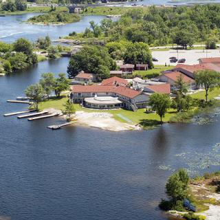 Christie's Mill Inn and Spa | Port Severn, Ontario | Birds-eye view of hotel, lake and surrounding trees